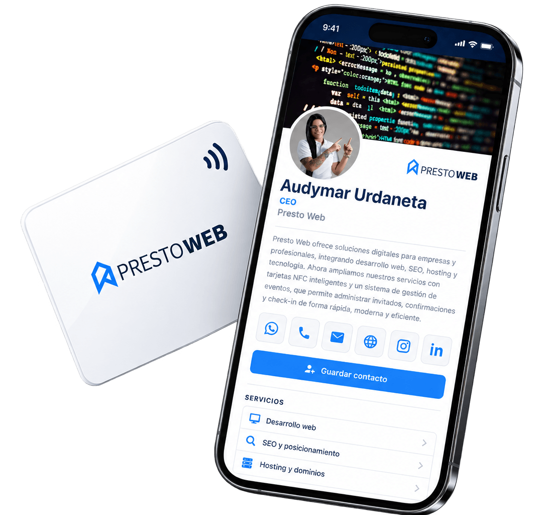Tarjeta NFC personalizada de Presto Web junto a un smartphone con perfil digital NFC Business en Santo Domingo